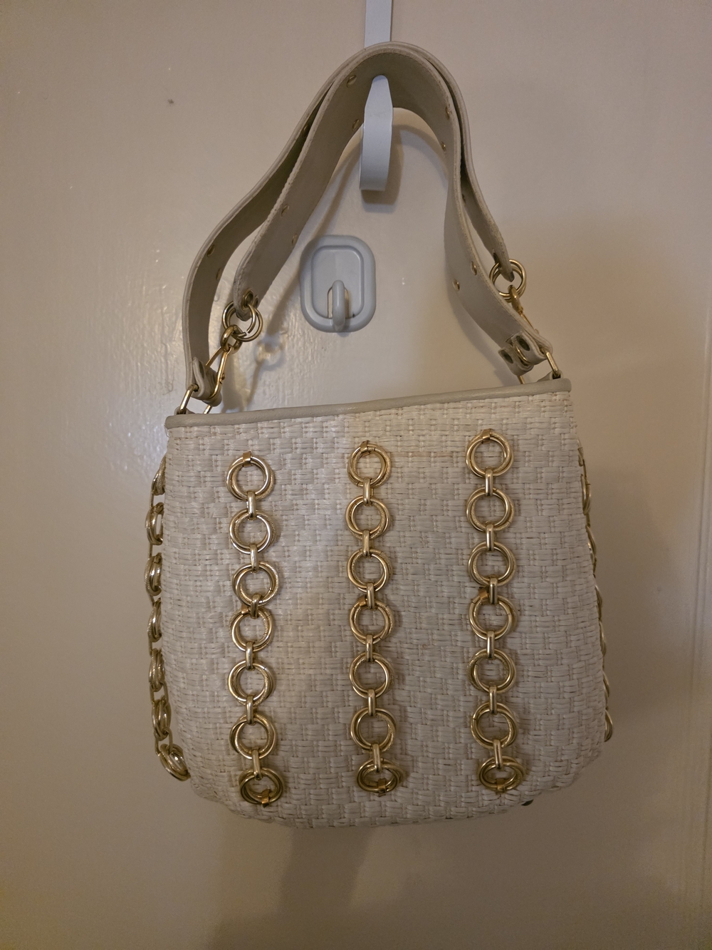 Vintage Cream Woven Shoulder Bag with Gold Chains, Lewis Imports